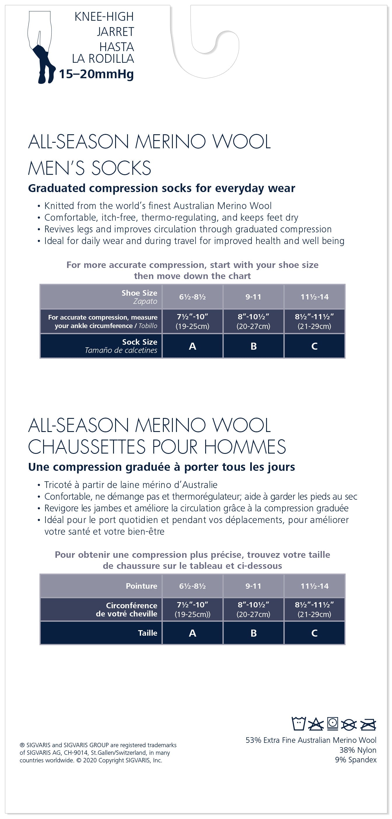 Sigvaris Men's All-Season Merino Wool Calf 15-20mmHg Closed