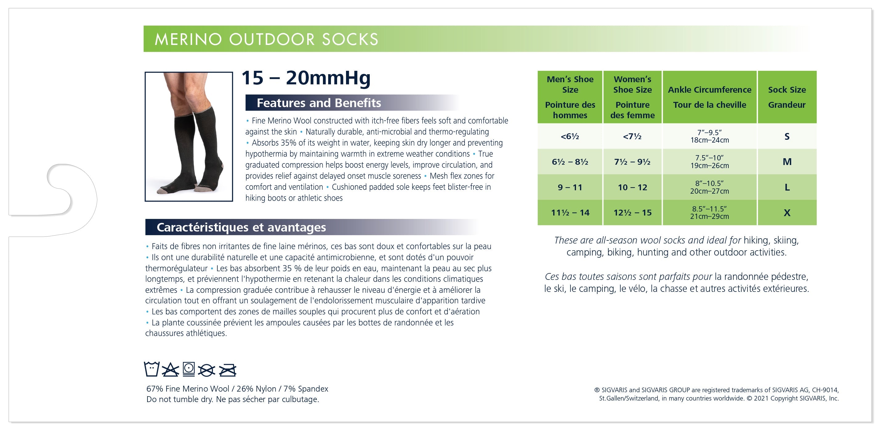 Sigvaris Men's Merino Outdoor Socks Calf 15-20mmHg Closed
