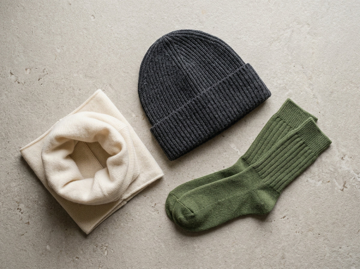 Merino beanie, socks and neck warmer arranged together