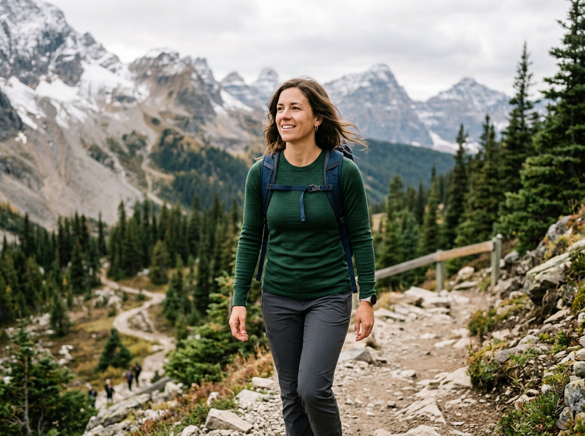 Hiker wearing a green merino layer in the mountains
